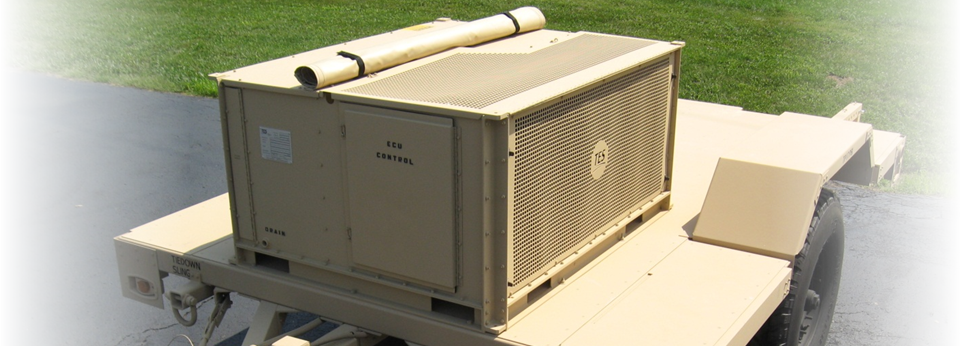 60,000 BTU/Hr continuous run environmental control unit mounted on a HMMWV towable trailer
